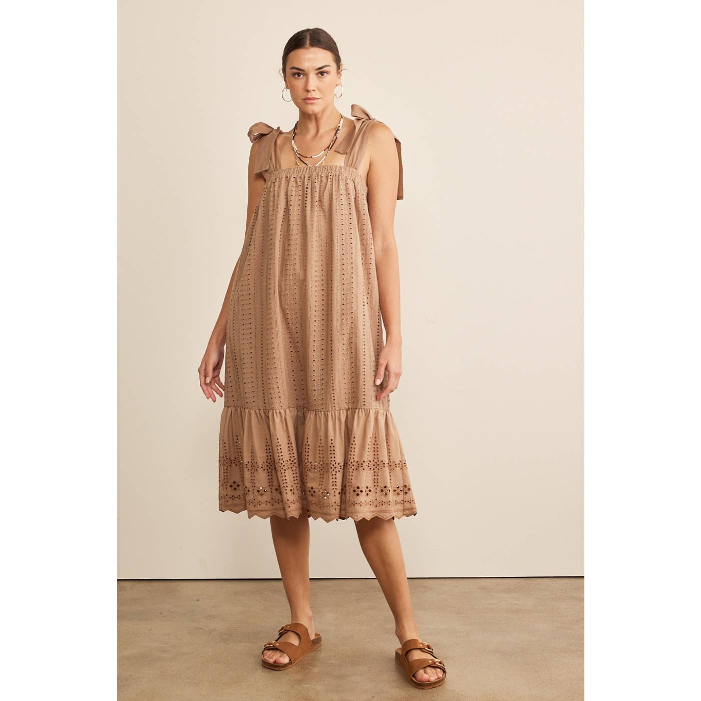 SHOULDER TIE RUFFLE HEM EYELET SHIFT MIDI DRESS in february MOCHA L