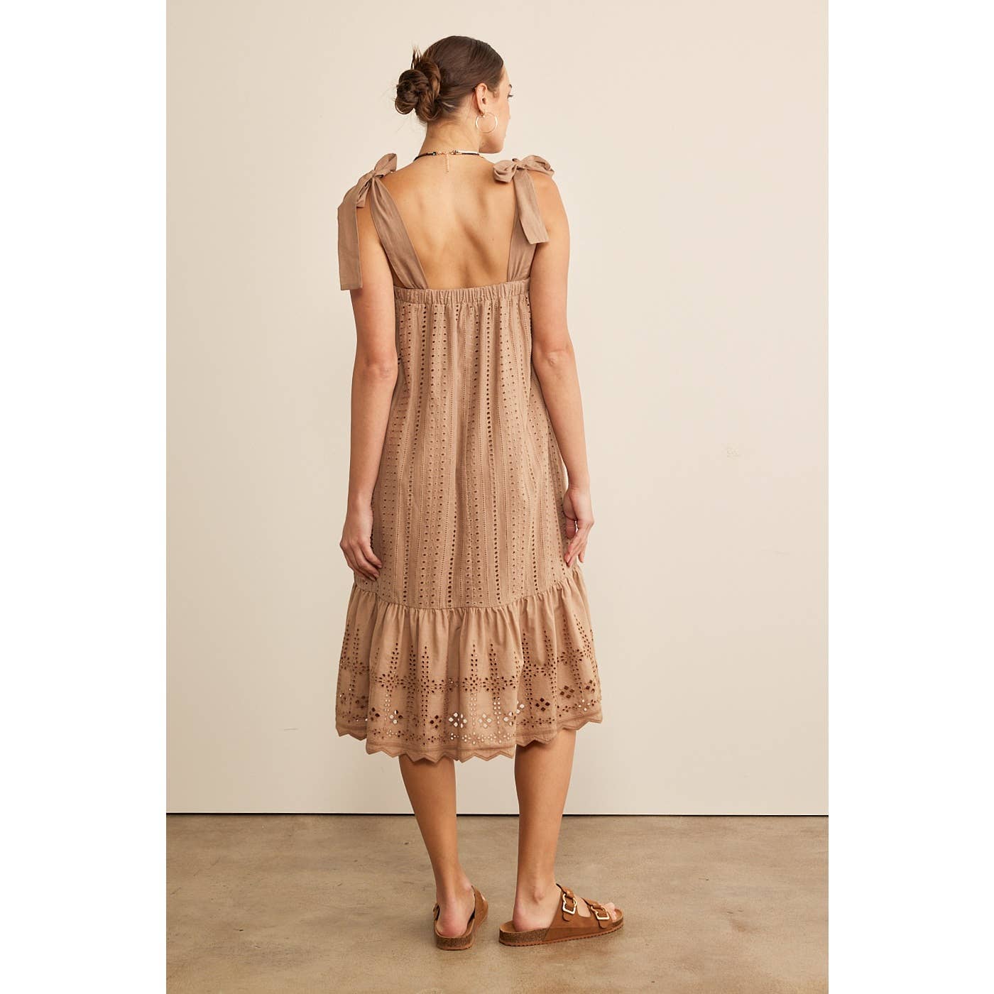 SHOULDER TIE RUFFLE HEM EYELET SHIFT MIDI DRESS in february