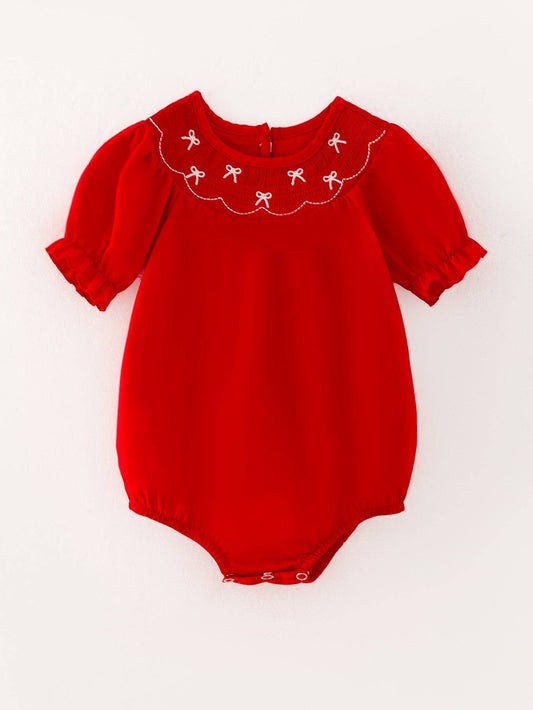 Girls Bow Smocked Embroidered Red Romper Rylee Faith Designs