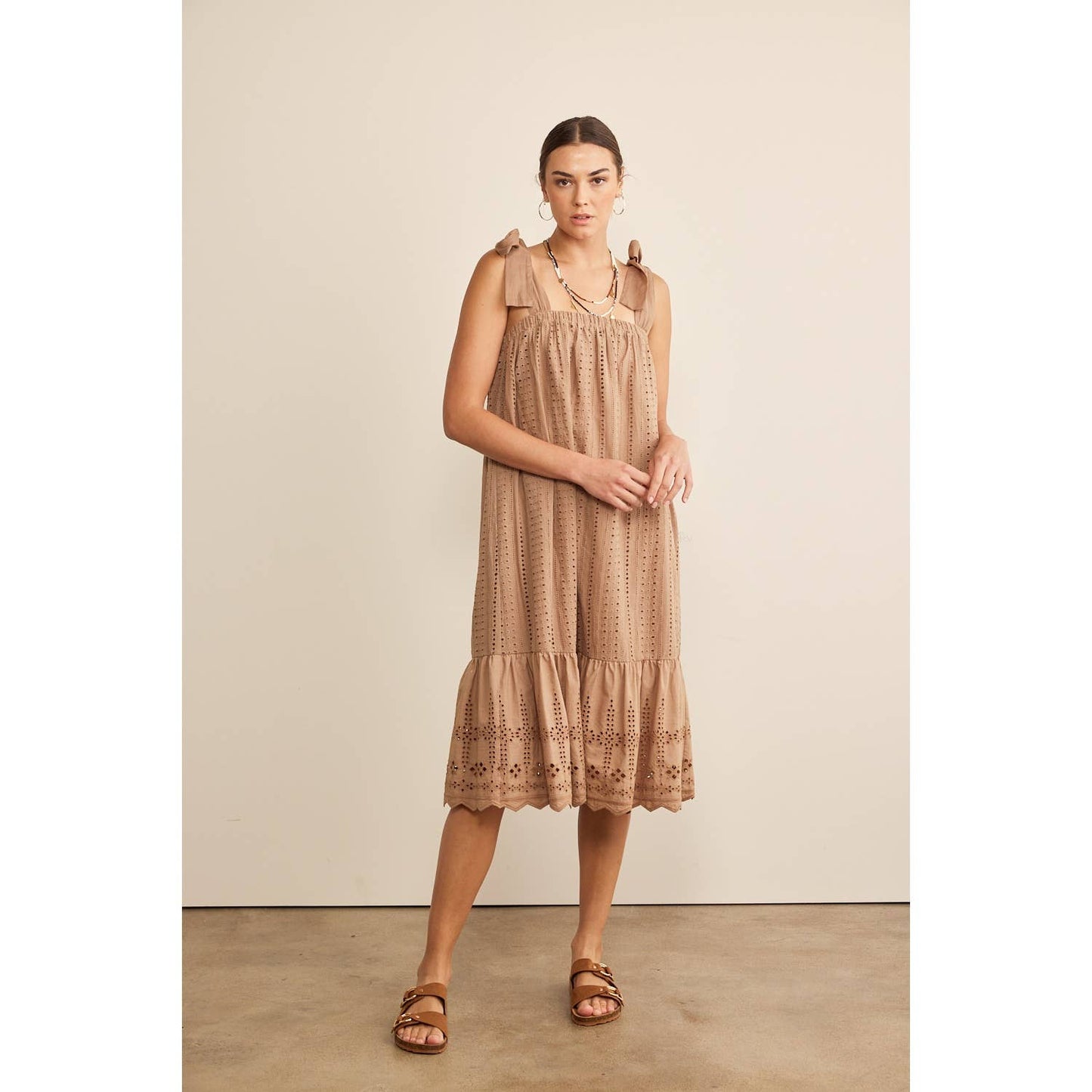 SHOULDER TIE RUFFLE HEM EYELET SHIFT MIDI DRESS in february
