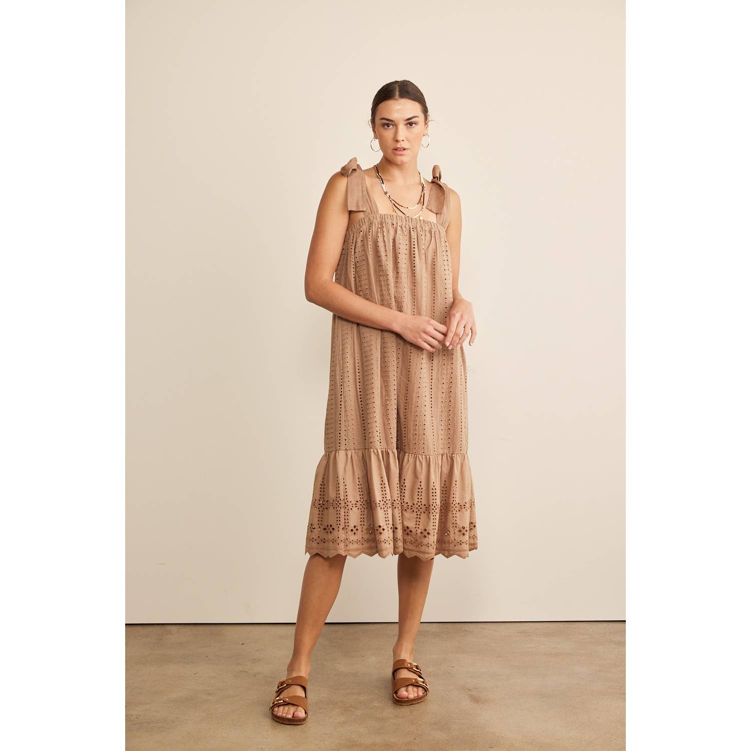 SHOULDER TIE RUFFLE HEM EYELET SHIFT MIDI DRESS in february