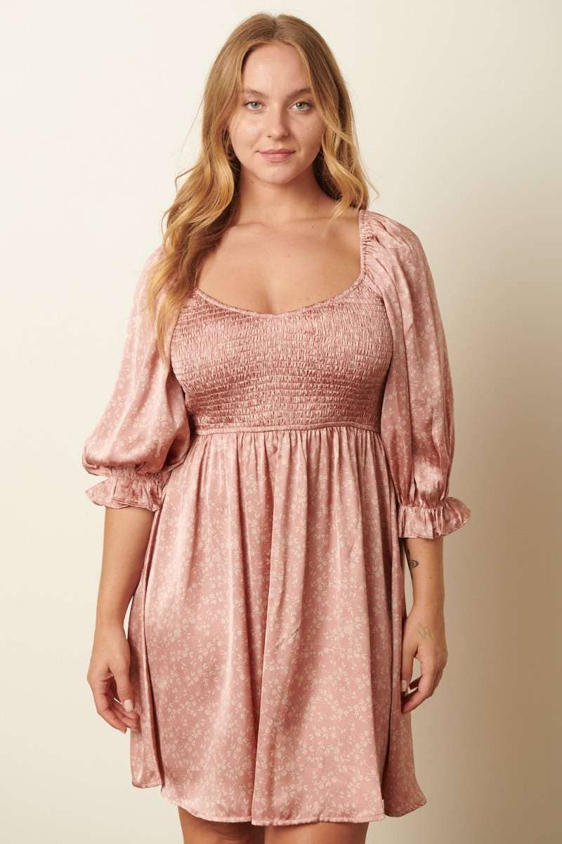 FLOWER PRINT SMOCKING DETAIL BABYDOLL DRESS mittoshop XL DUSTY MAUVE