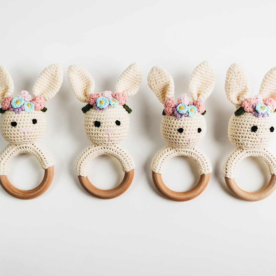 Hand-Crocheted - Cream Bunny Rattle with Floral Crown Giften Market