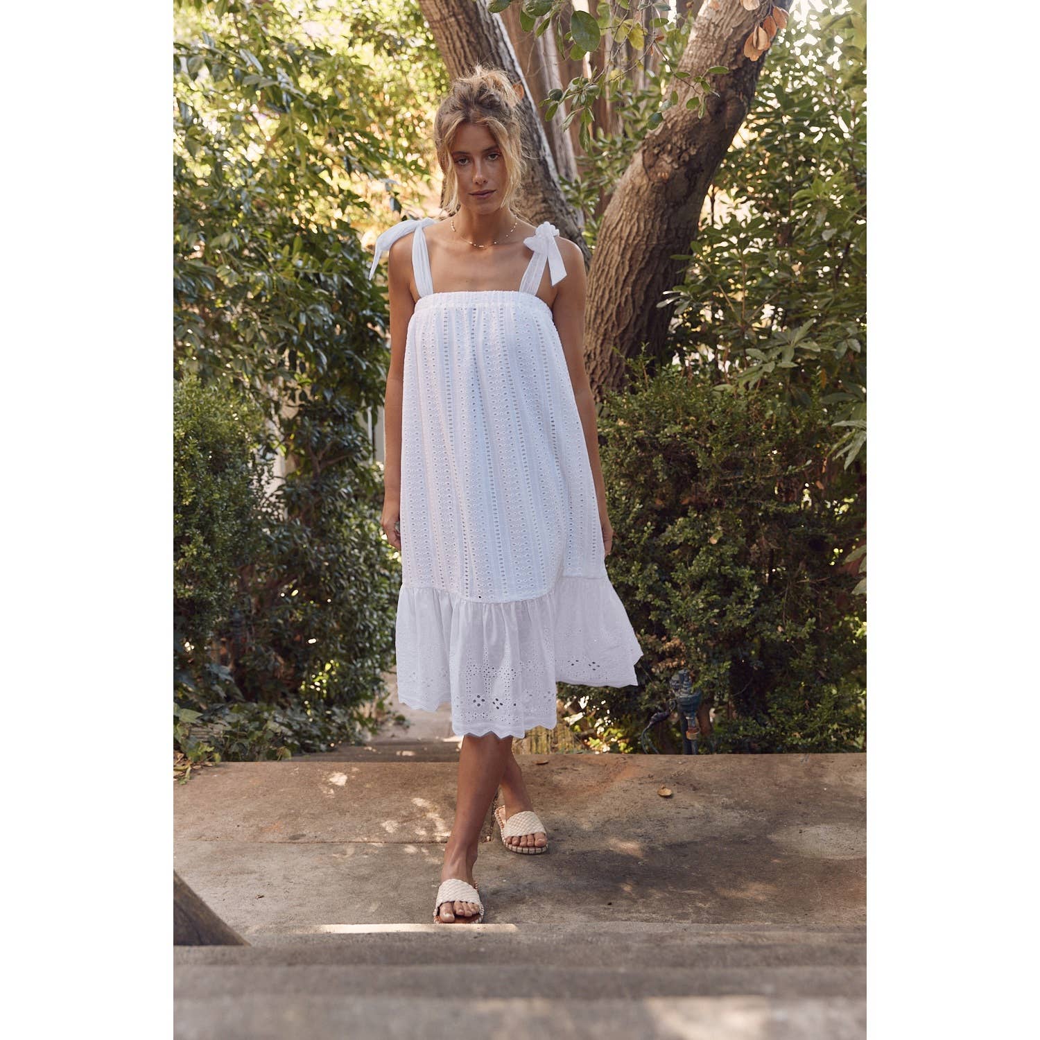 SHOULDER TIE RUFFLE HEM EYELET SHIFT MIDI DRESS in february