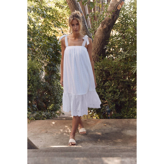 SHOULDER TIE RUFFLE HEM EYELET SHIFT MIDI DRESS in february