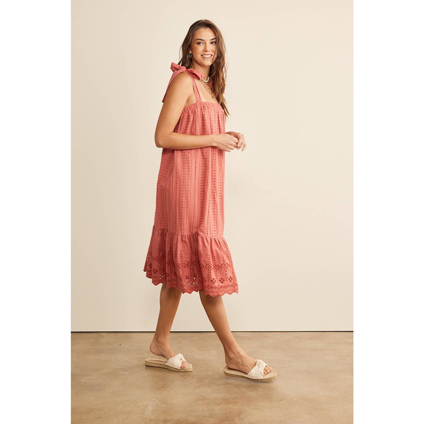 SHOULDER TIE RUFFLE HEM EYELET SHIFT MIDI DRESS in february