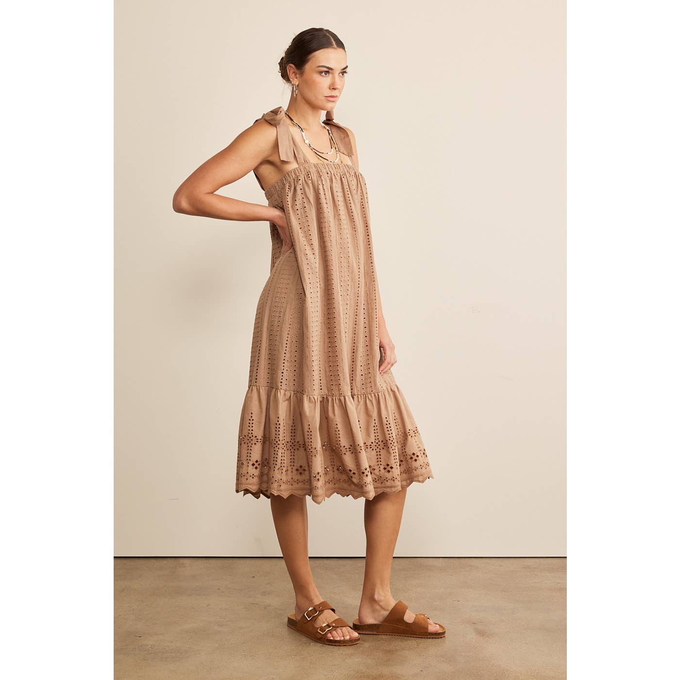 SHOULDER TIE RUFFLE HEM EYELET SHIFT MIDI DRESS in february