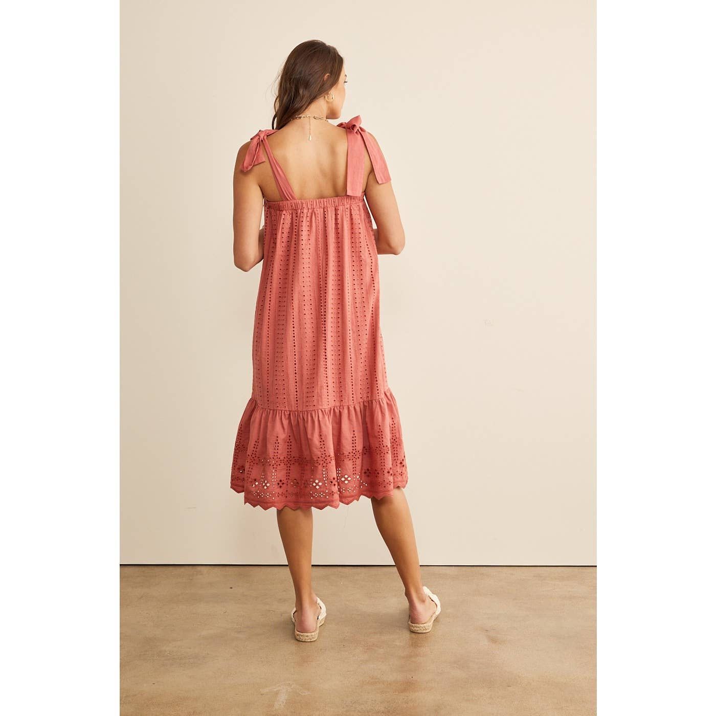 SHOULDER TIE RUFFLE HEM EYELET SHIFT MIDI DRESS in february