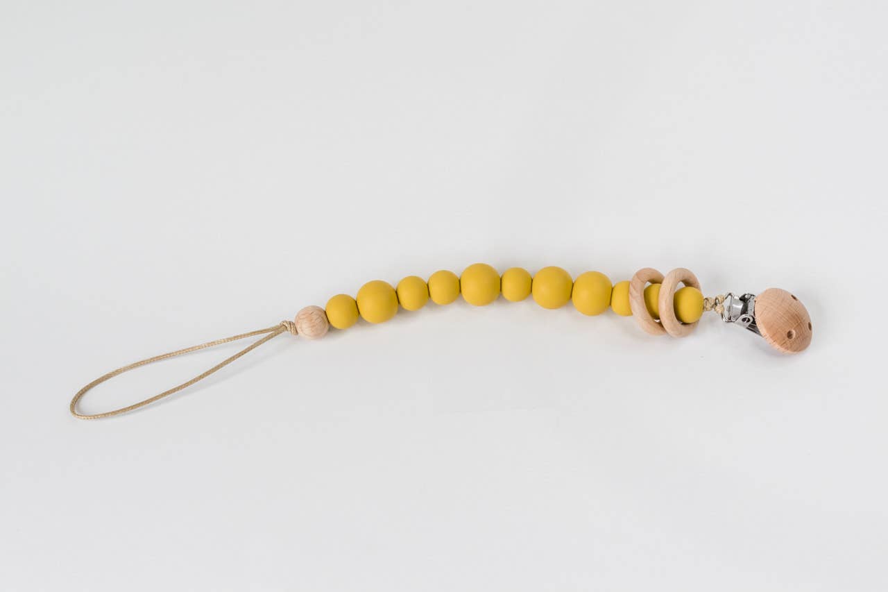 Silicone Bead & Wood Ring Pacifier Clip Babeehive Goods Mustard