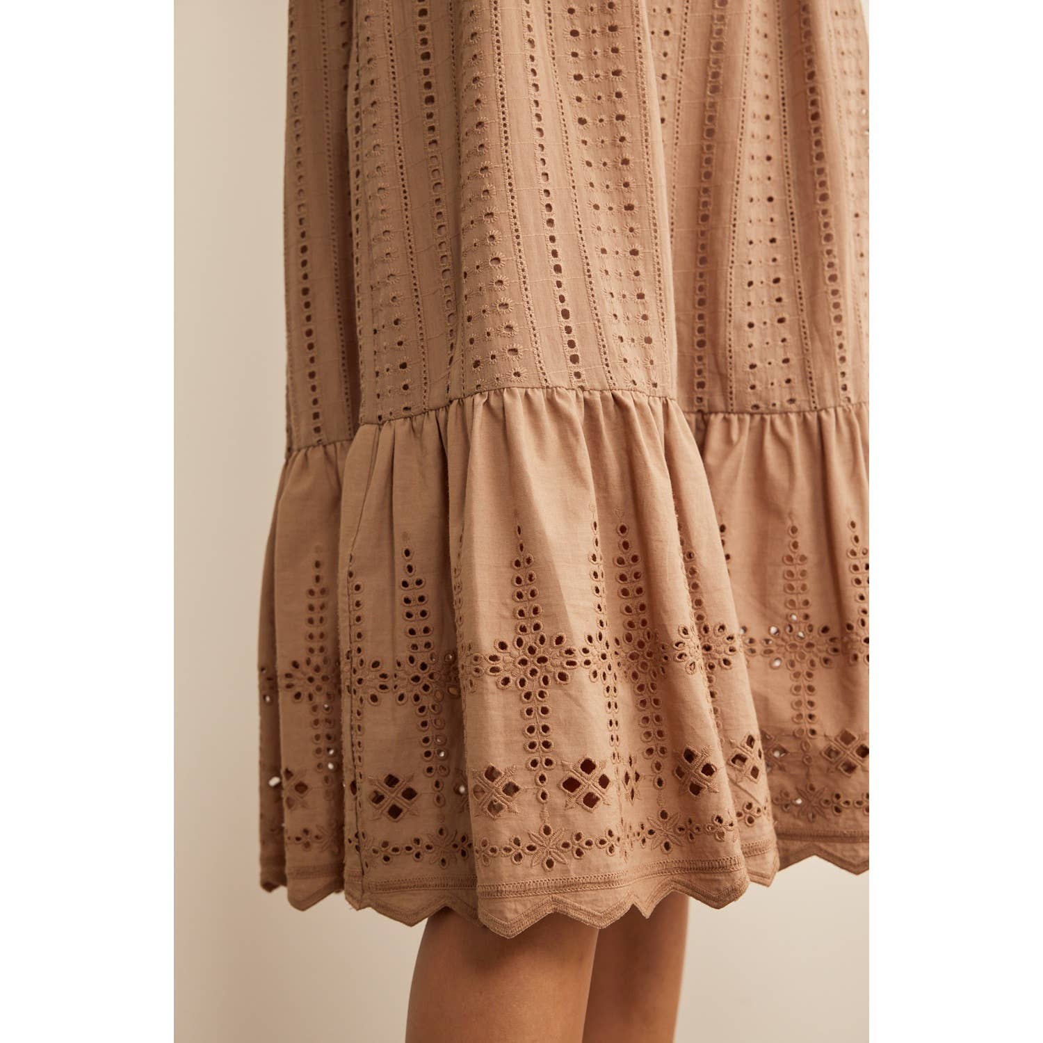 SHOULDER TIE RUFFLE HEM EYELET SHIFT MIDI DRESS in february