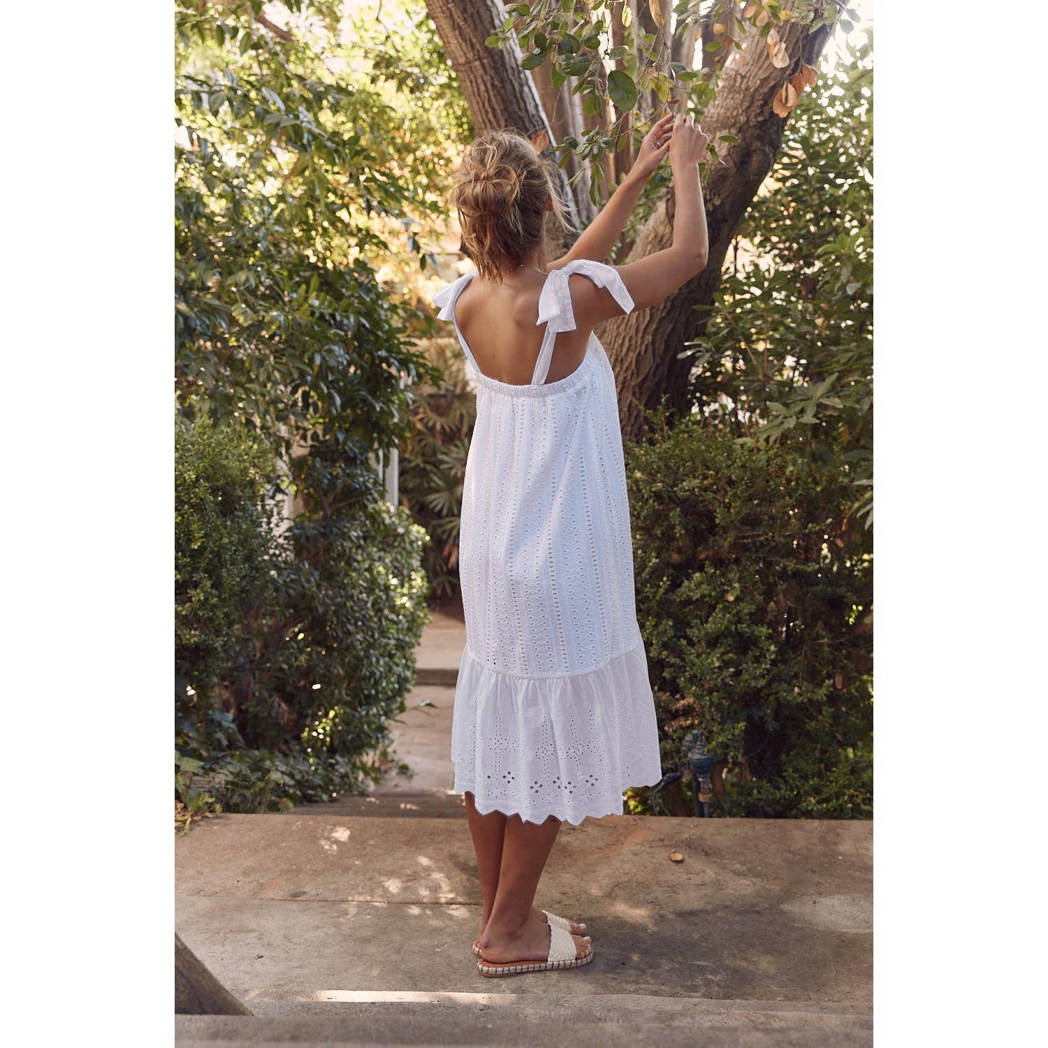 SHOULDER TIE RUFFLE HEM EYELET SHIFT MIDI DRESS in february