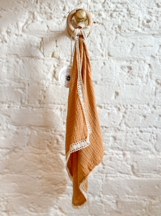 Teething Blankets Little Birds Co. Golden with lace with teething ring
