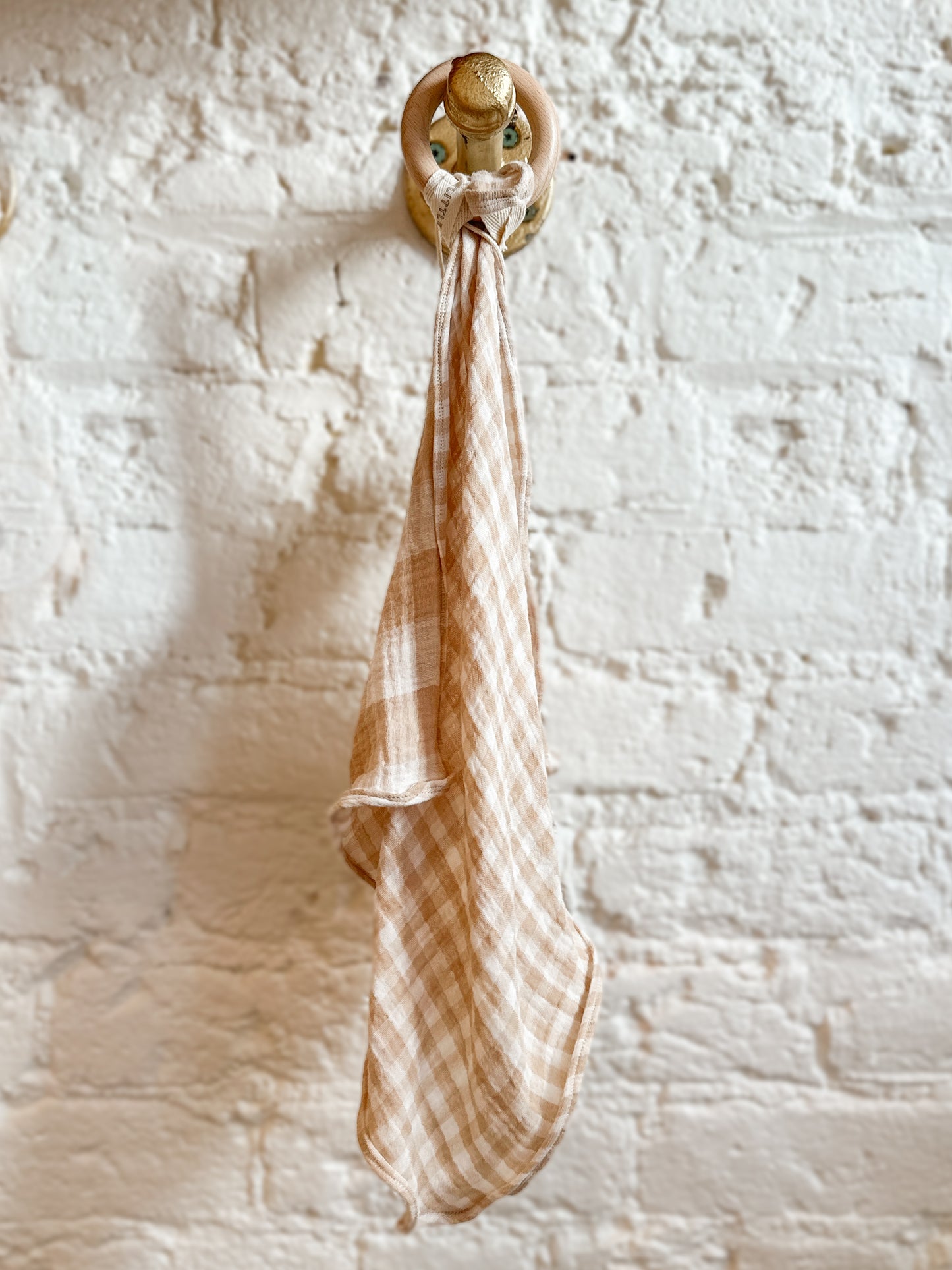 Teething Blankets Little Birds Co. Tan Gingham without lace with teething ring