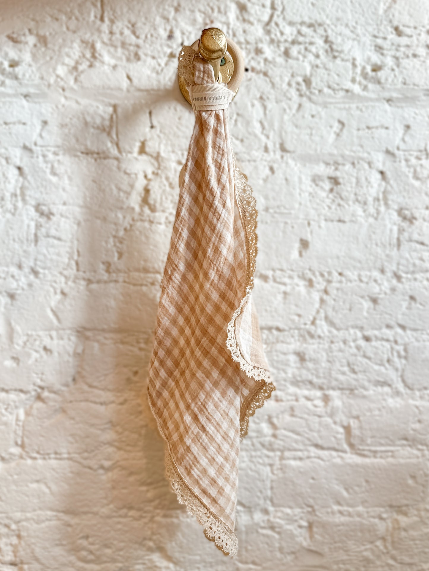 Teething Blankets Little Birds Co. Tan Gingham with lace with teething ring