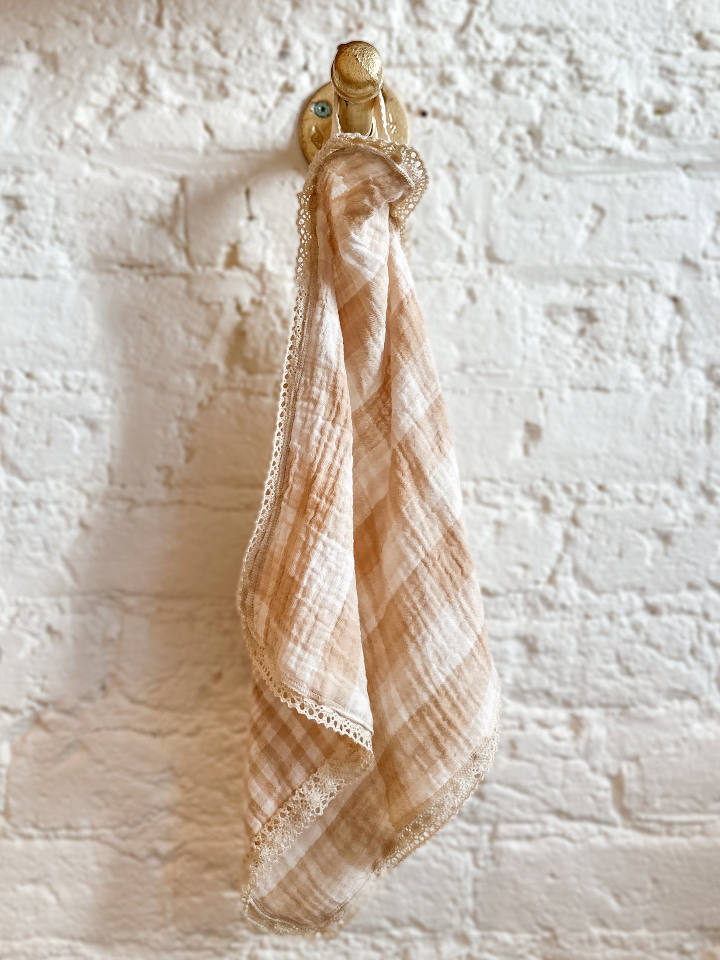Teething Blankets Little Birds Co. Tan Gingham with lace without teething ring