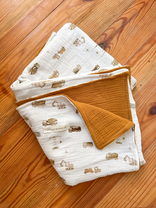 Boys Blanket Little Birds Co. Trucks Large - 40x40 Dark Mustard