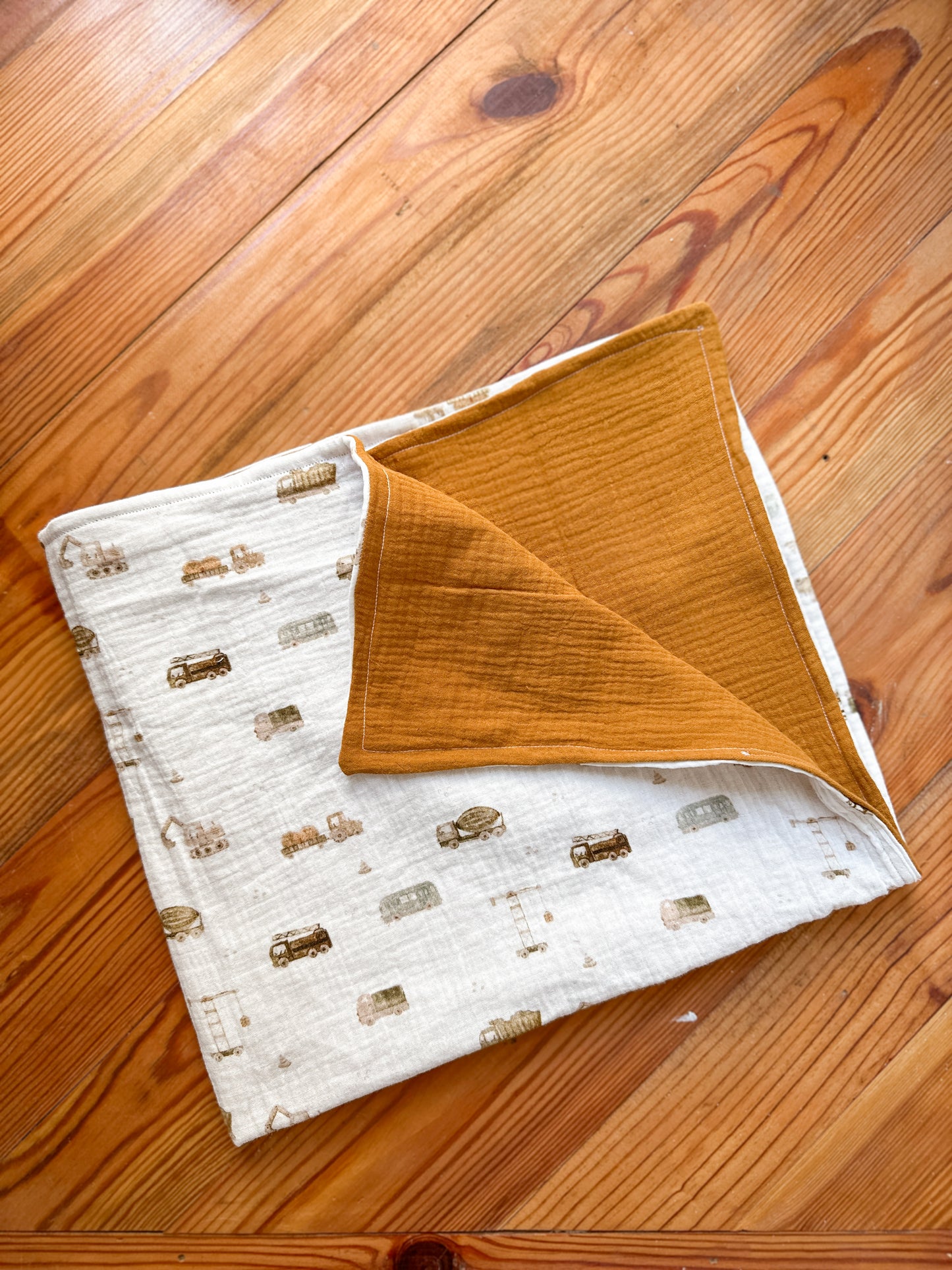 Boys Blanket Little Birds Co. Trucks Small - 23x27 Dark Mustard