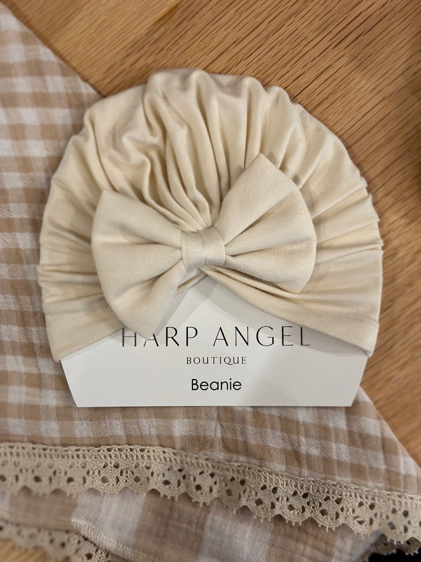 Baby Turban w/ Bow Harp Angel Boutique Tan & White Floral