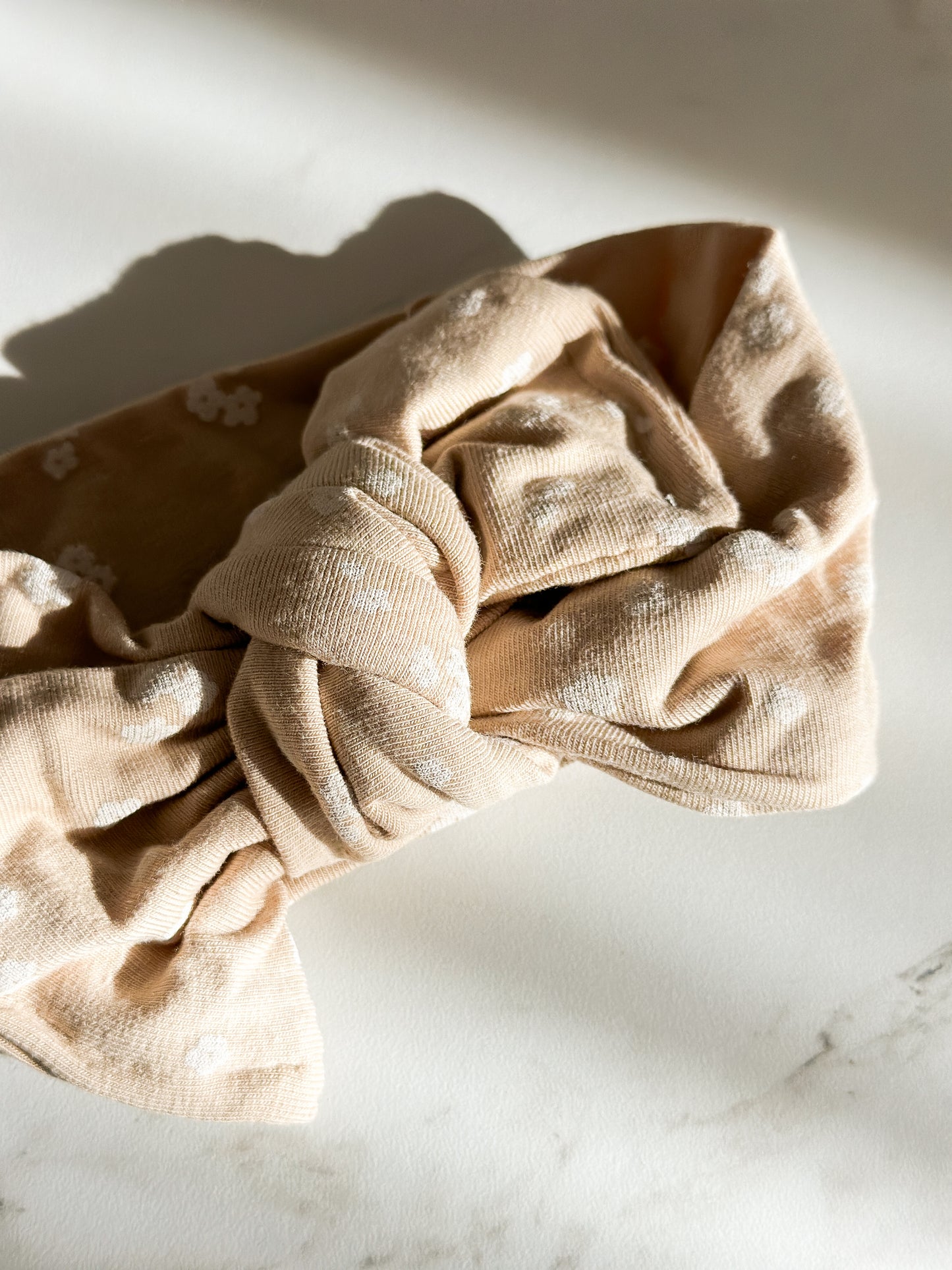 Tie Headwrap | Multiple Colors! Little Birds Co. Tan w/ Small White Flowers NB-3m