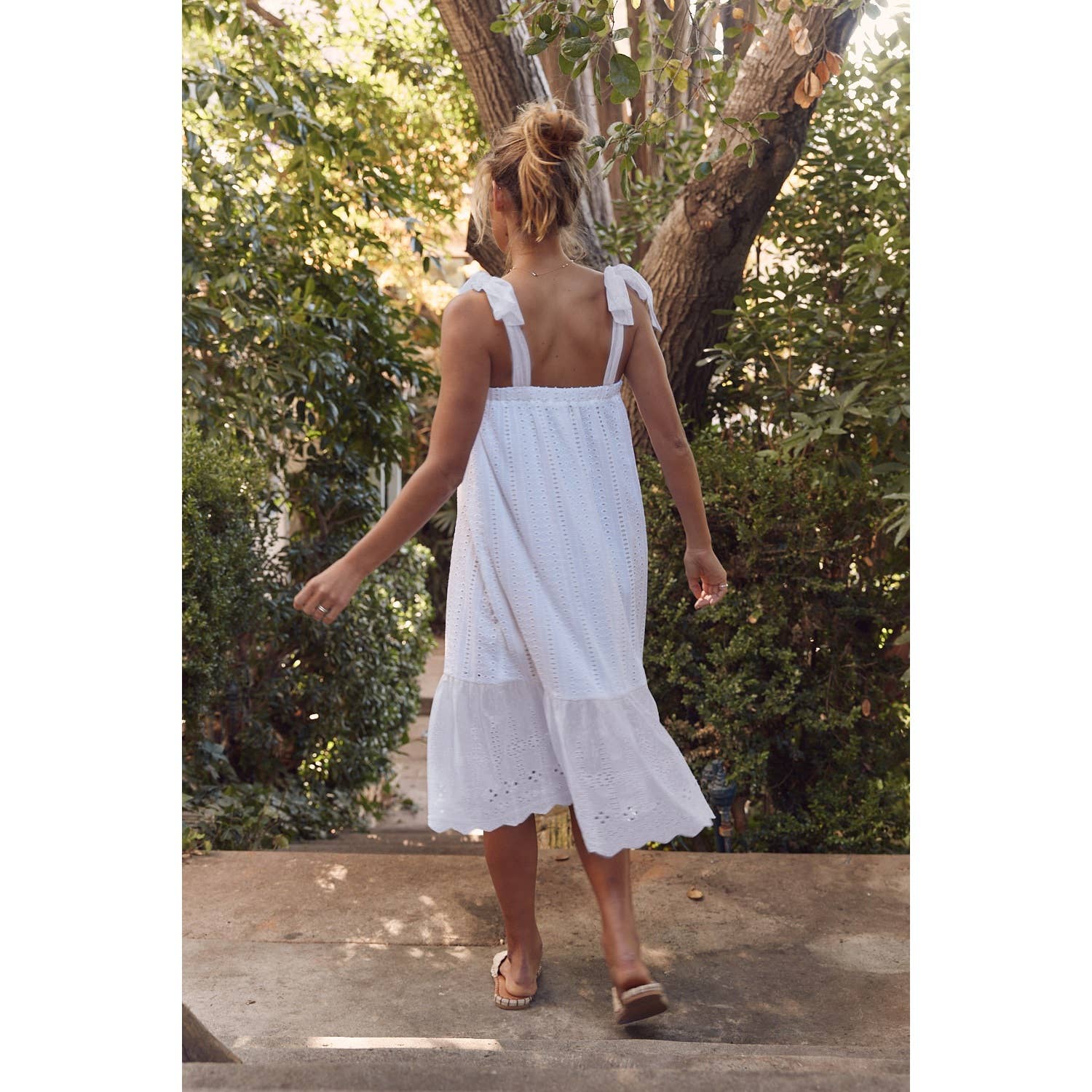 SHOULDER TIE RUFFLE HEM EYELET SHIFT MIDI DRESS in february
