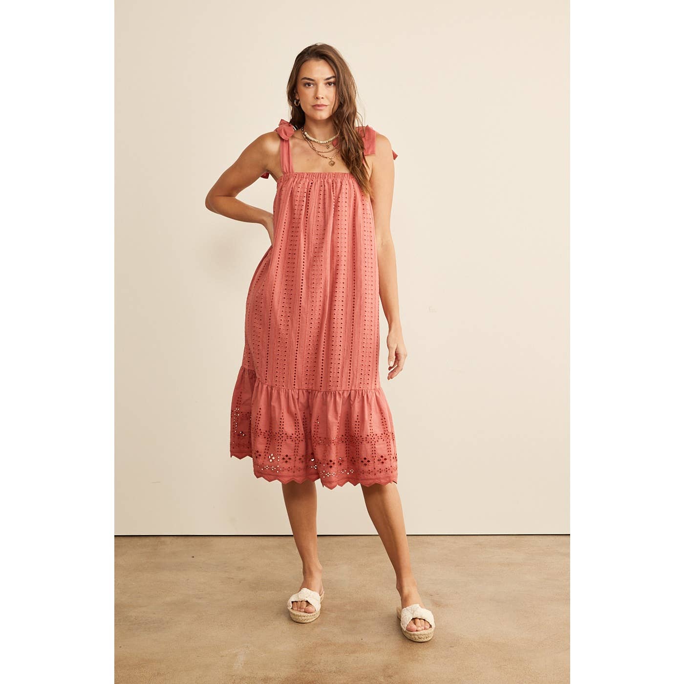SHOULDER TIE RUFFLE HEM EYELET SHIFT MIDI DRESS in february