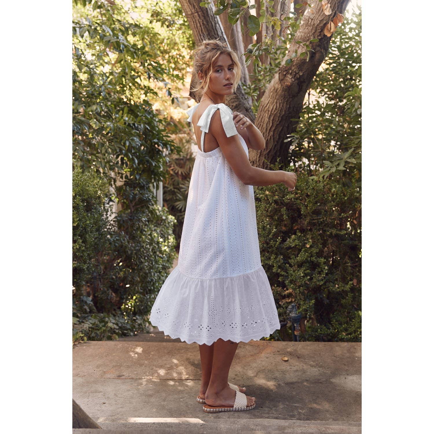 SHOULDER TIE RUFFLE HEM EYELET SHIFT MIDI DRESS in february