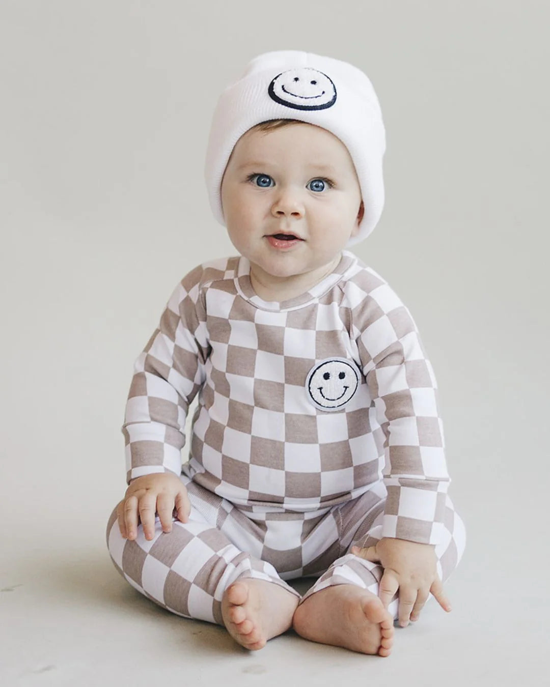 Tan Checkered Smiley Long Sleeve Lucky Panda