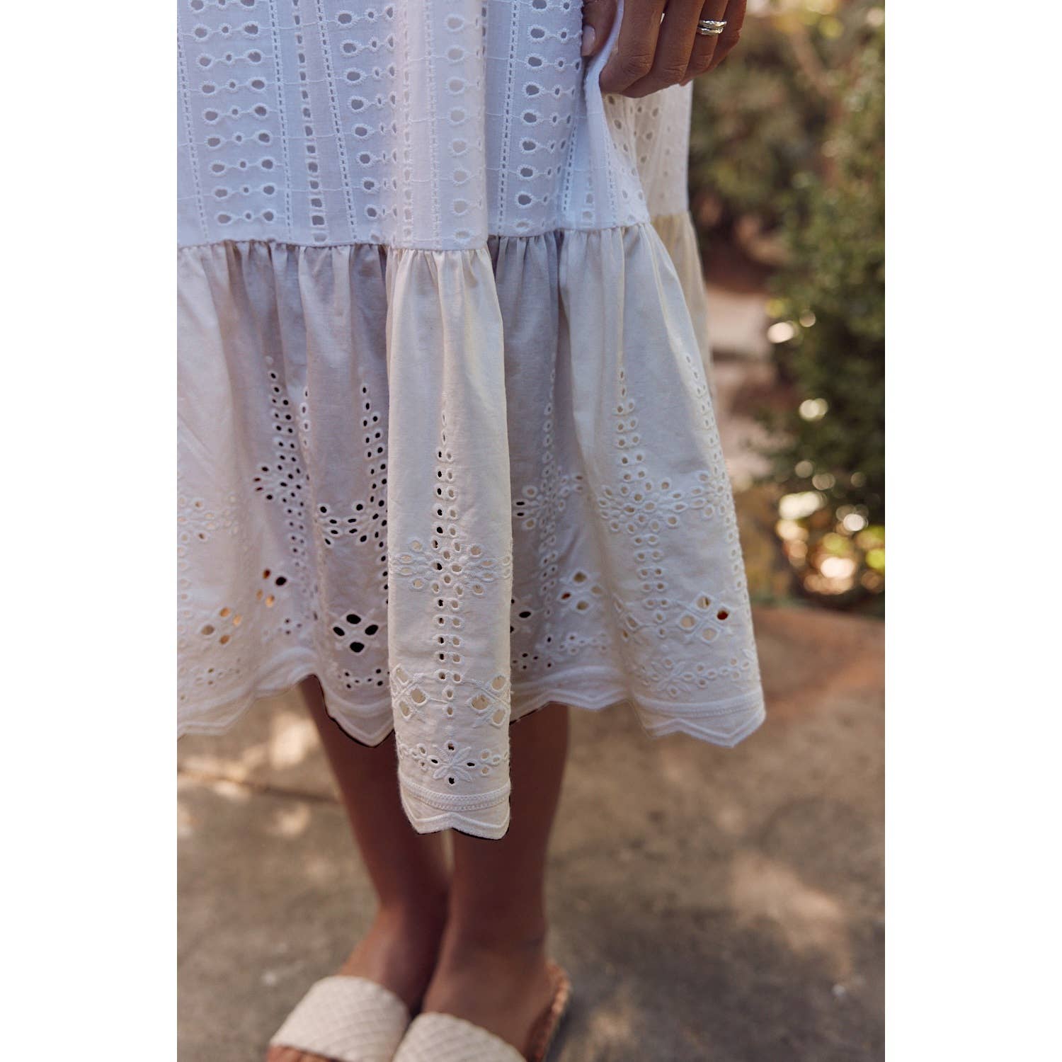 SHOULDER TIE RUFFLE HEM EYELET SHIFT MIDI DRESS in february