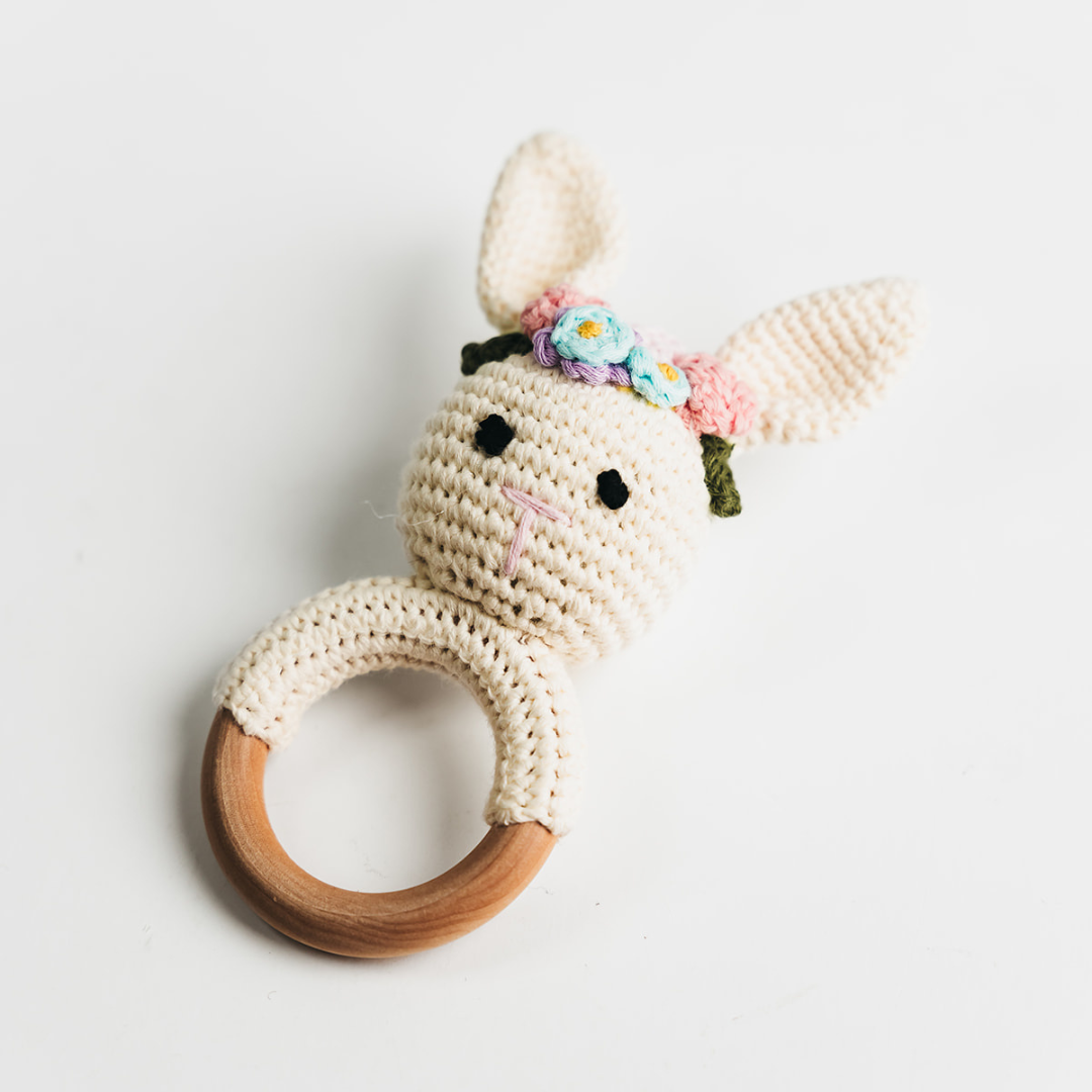 Hand-Crocheted - Cream Bunny Rattle with Floral Crown Giften Market