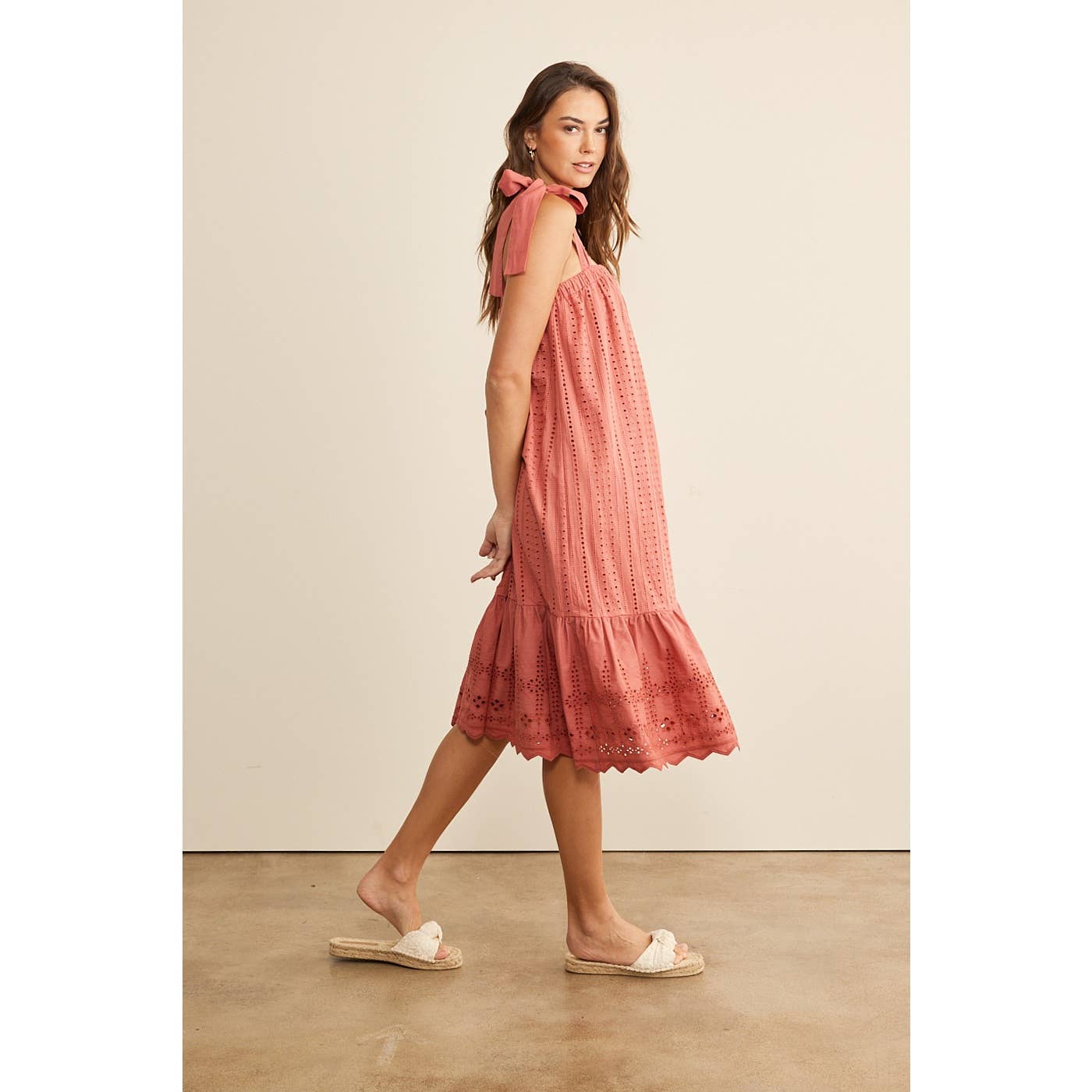 SHOULDER TIE RUFFLE HEM EYELET SHIFT MIDI DRESS in february