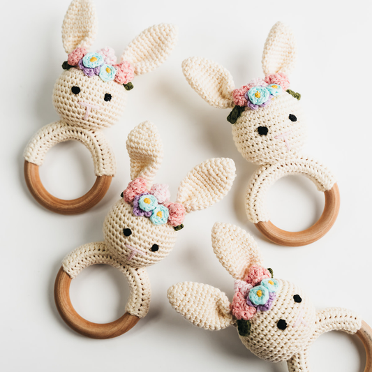Hand-Crocheted - Cream Bunny Rattle with Floral Crown Giften Market