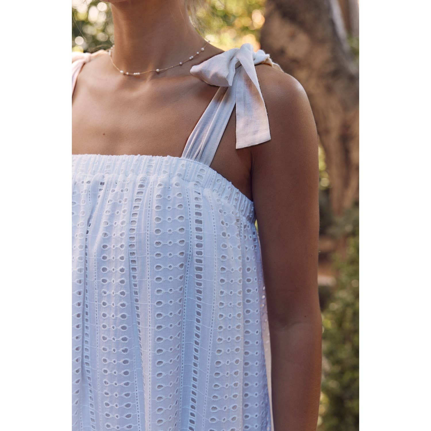 SHOULDER TIE RUFFLE HEM EYELET SHIFT MIDI DRESS in february