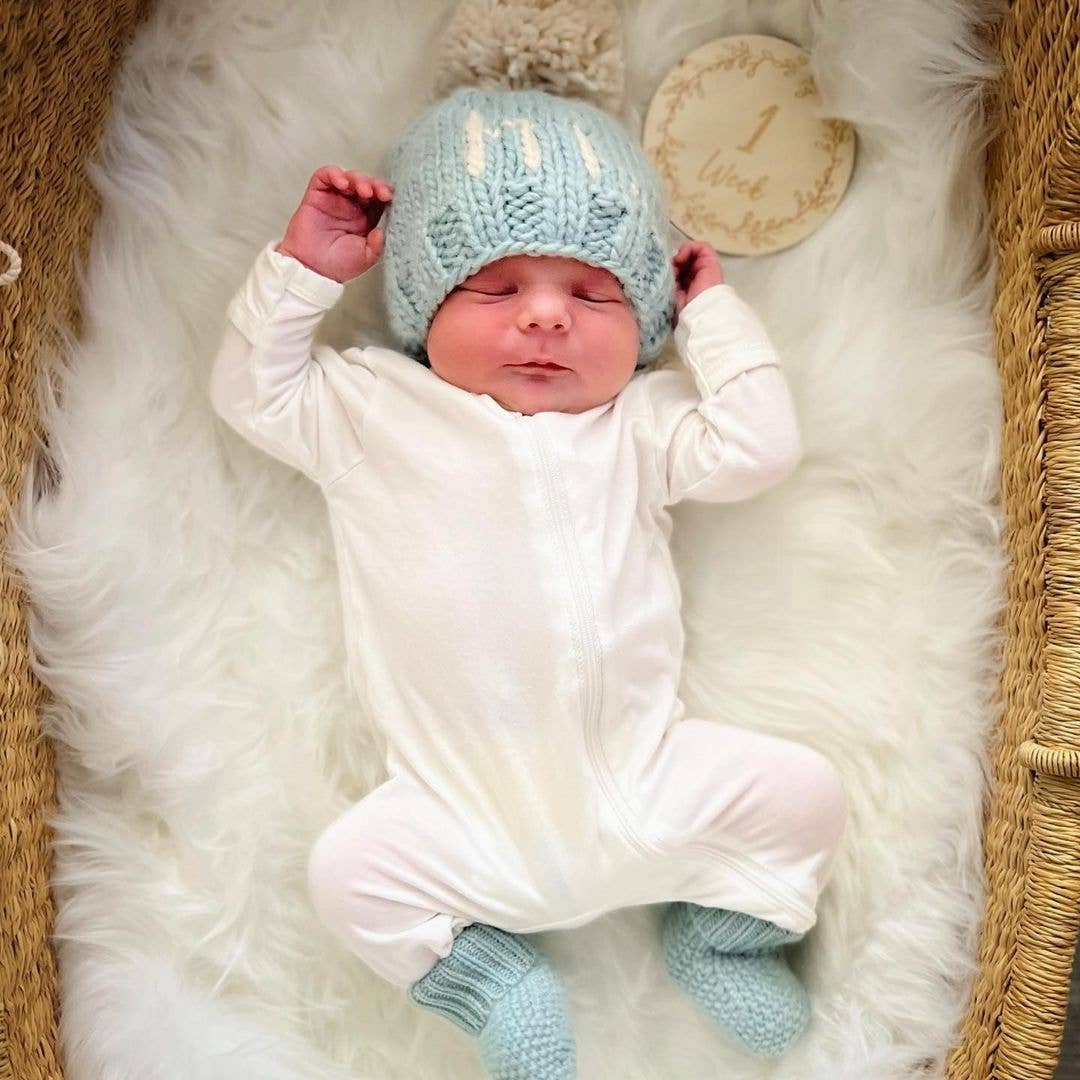 Hi. Surf Blue Hand Knit Beanie Hat Huggalugs