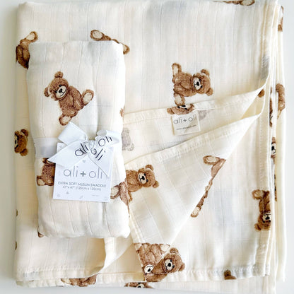 Muslin Swaddle Blanket (Teddy Bear)