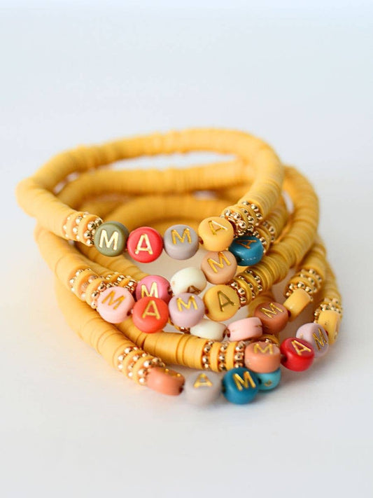 Multi Colored MAMA word beaded stretch bracelet MUSTARD