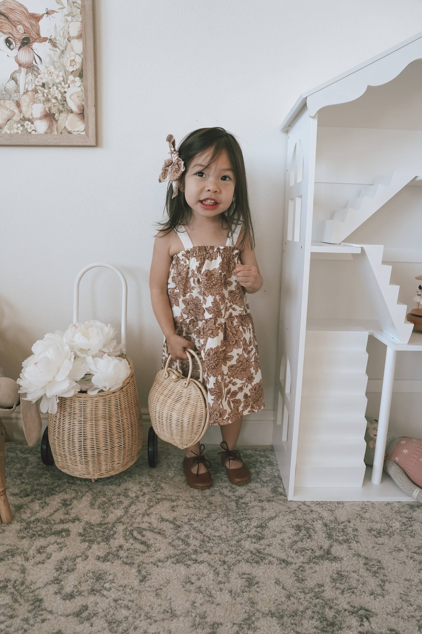 Baby linen dress / floral tan