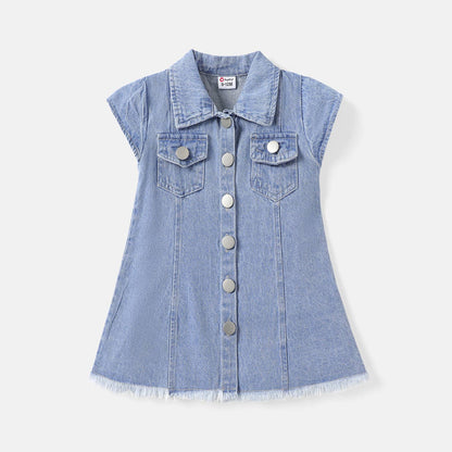 Baby Girl Button Front Cap-sleeve Denim Dress