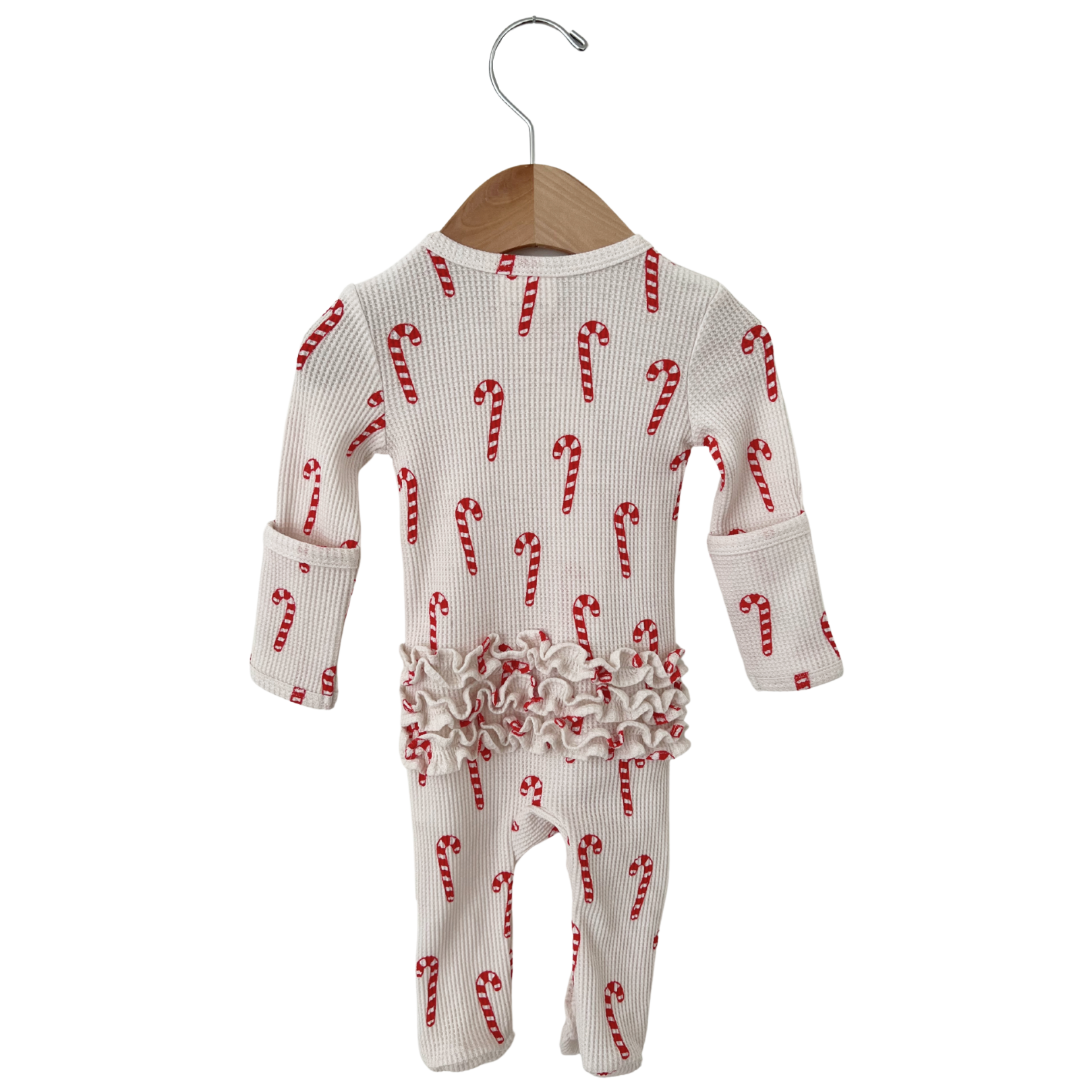 Organic Waffle Ruffle Zip Footie, Candy Cane SpearmintLOVE