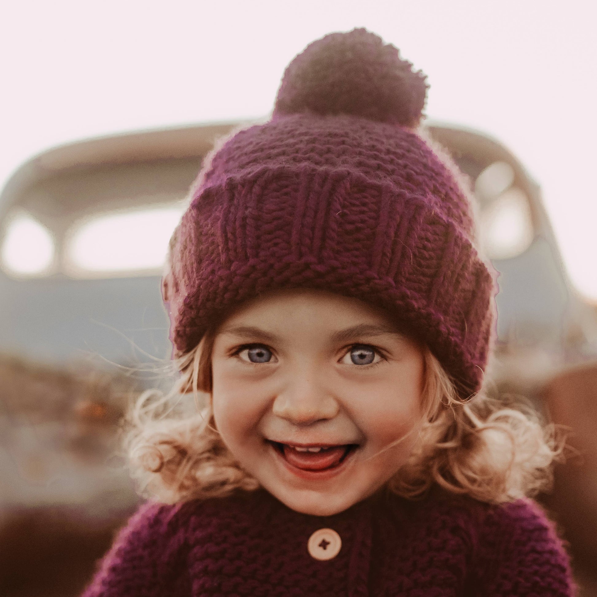 Plum Garter Stitch Beanie Hat Huggalugs