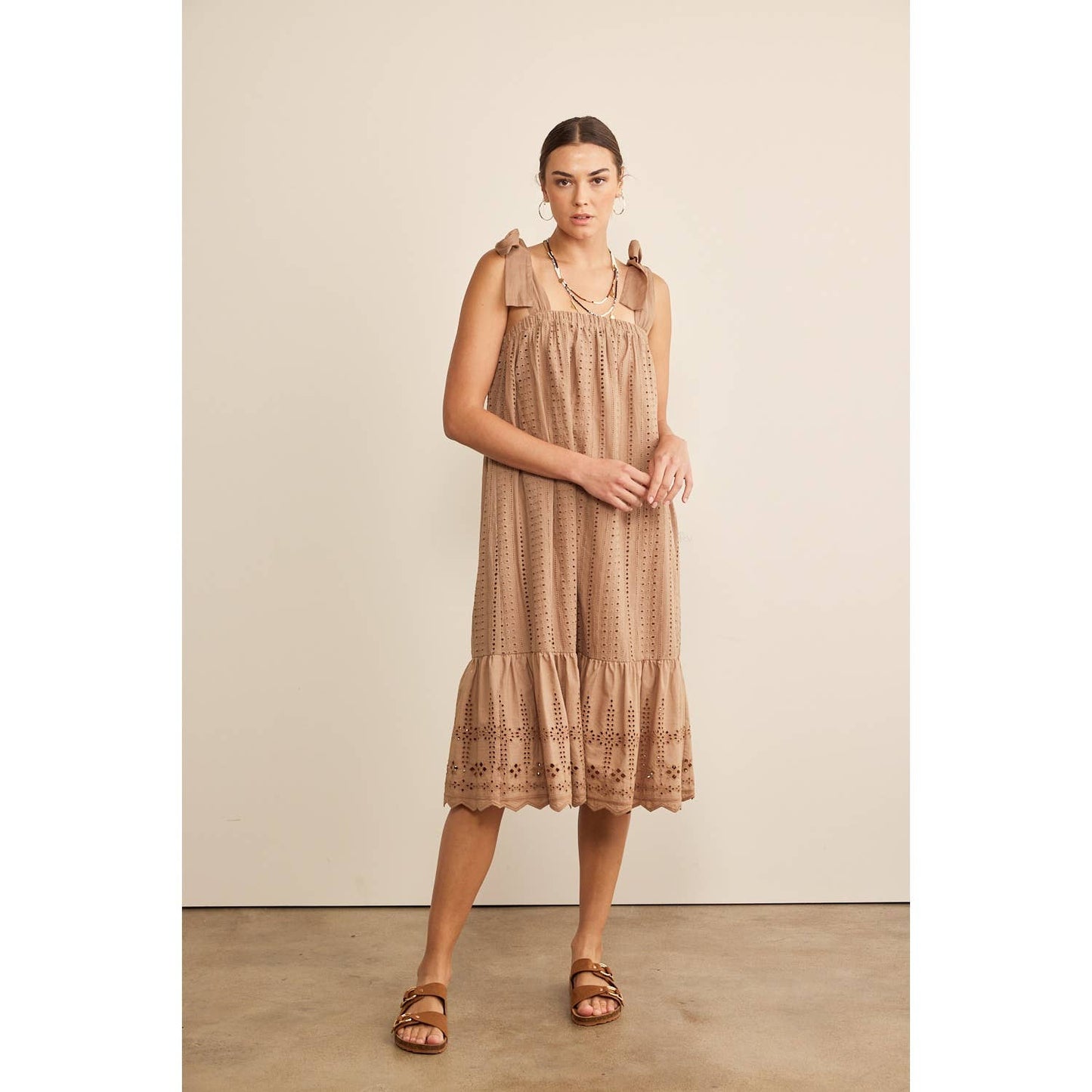 SHOULDER TIE RUFFLE HEM EYELET SHIFT MIDI DRESS