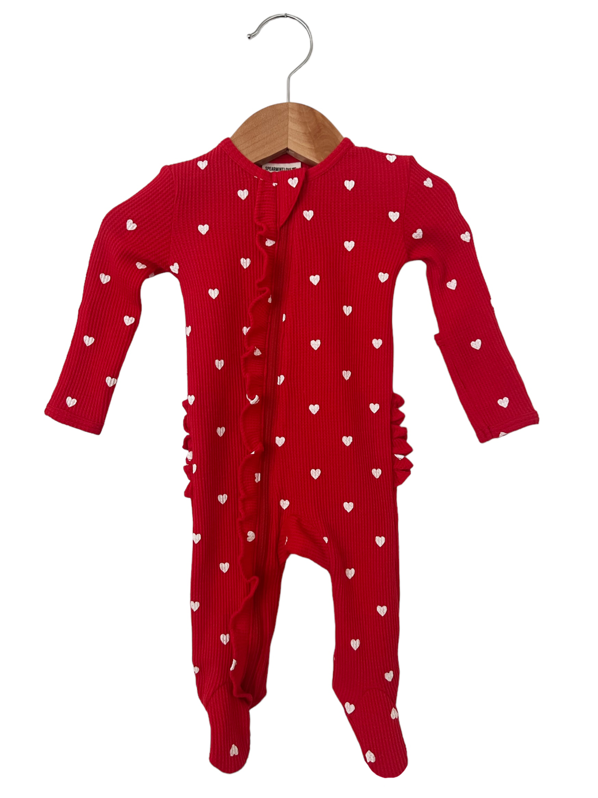 Organic Waffle Ruffle Zip Footie, Little White Heart (on Red) SpearmintLOVE