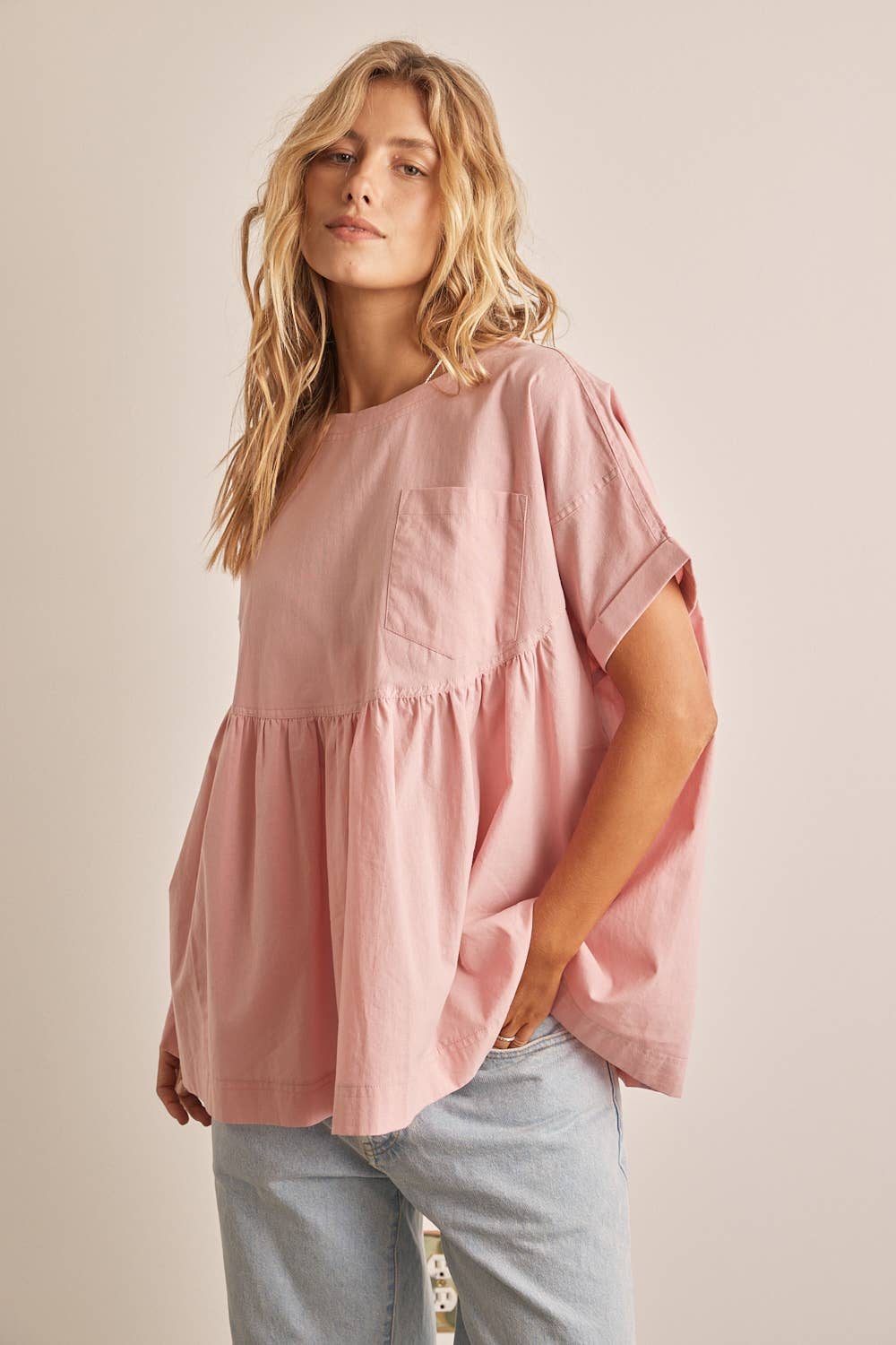 OVERSIZED COTTON POPLIN TUNIC TOP WITH RUFFLED HEM