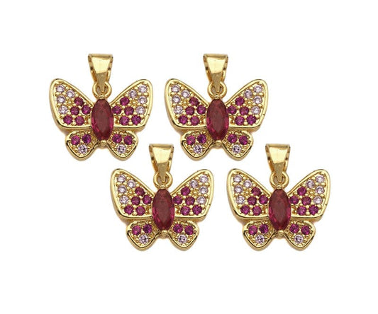 Gold Fuchsia CZ Butterfly Shape Charm BestBeads&Beyond