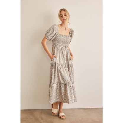 FLORAL PRINT PUFF SLEEVE SMOCKED TIERED MAXI DRESS