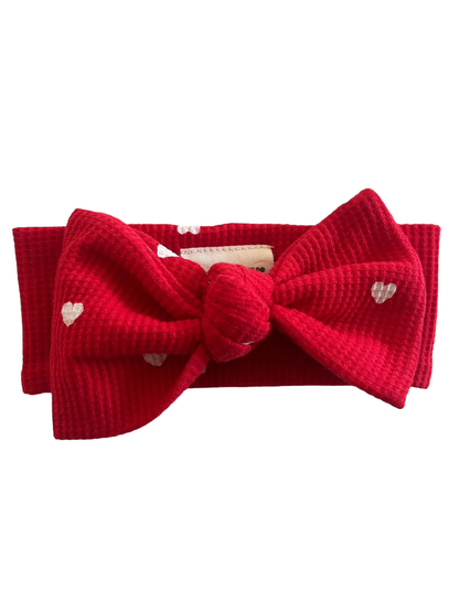 Organic Waffle Knot Bow, Little White Heart (on Red) SpearmintLOVE