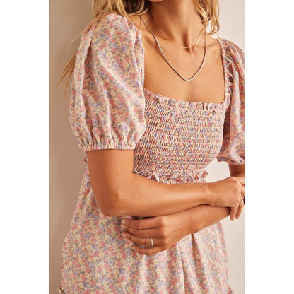 FLORAL PRINT PUFF SLEEVE SMOCKED TIERED MAXI DRESS