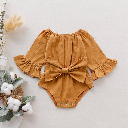 Solid Bowknot Decor Long-sleeve Baby Romper