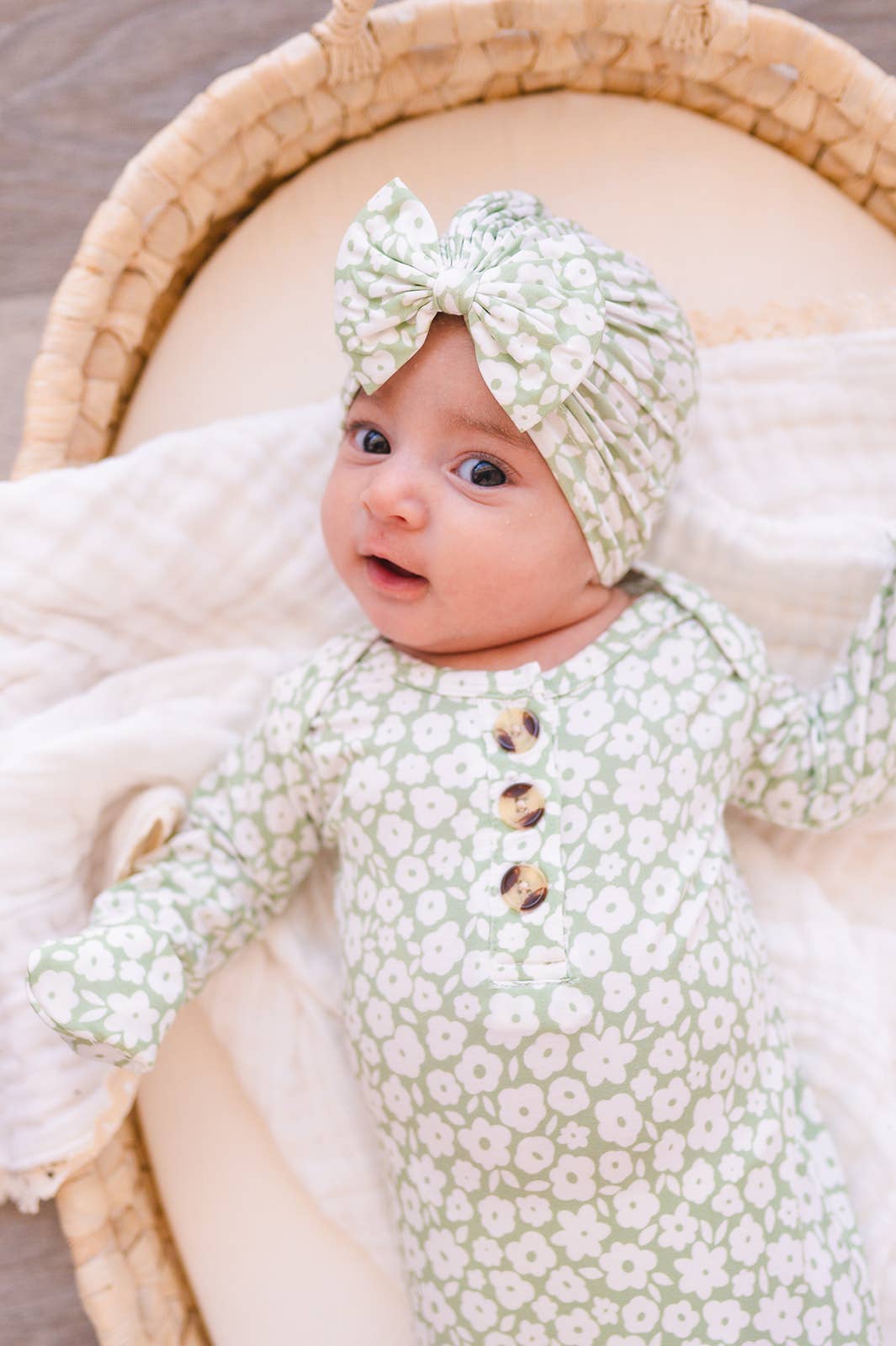 Knotted Baby Gown - Sage Ditsy Floral