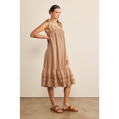 SHOULDER TIE RUFFLE HEM EYELET SHIFT MIDI DRESS