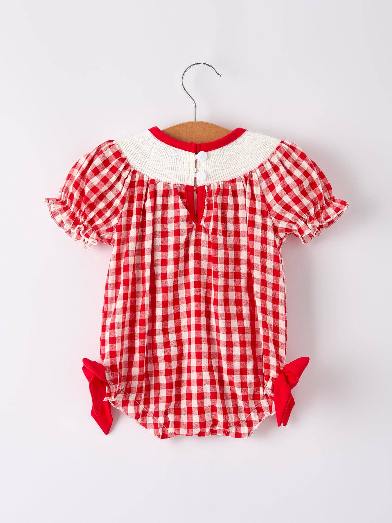 Red Cherry Bow Plaid Smocked Romper Rylee Faith Designs